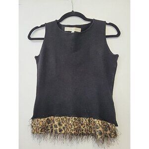 Bette Paige Womens Sweater Top Sleeveless Black with Leopard Print Trim Small